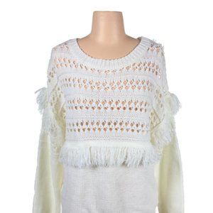 J.O.A JOA Womens Ivory Crochet Fringe Sweater